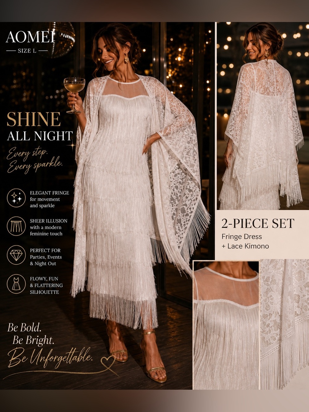 Aomei dress  White Fringe Sheer Illusion Evening Dress + lace kimono 2 pieces se